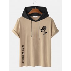 Mens Japanese Rose Print Short Sleeve Drawstring Hooded T  Shirts