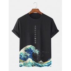 Mens Japanese Wave Print Crew Neck Short Sleeve T  Shirts
