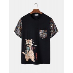 Mens Japanese Cat Geometric Print Crew Neck Short Sleeve T  Shirts