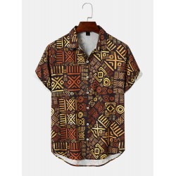 Mens Retro Tribal Print Short Sleeve Front Buttons Shirts