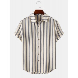 Mens Striped Button Up Lapel Daily Short Sleeve Shirts